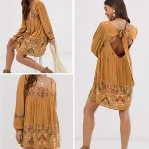 Free People NWT Mustard Backless Dress with Embroidery
